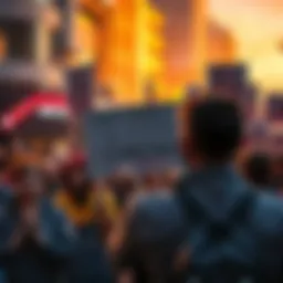 A person holding a sign demanding an apology from Rockstar and Take-Two for anti-consumer actions, surrounded by a crowd of supporters.