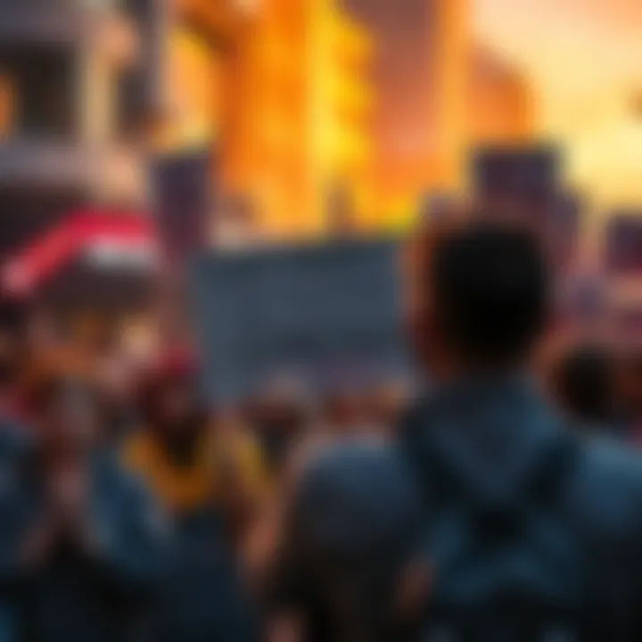 A person holding a sign demanding an apology from Rockstar and Take-Two for anti-consumer actions, surrounded by a crowd of supporters.