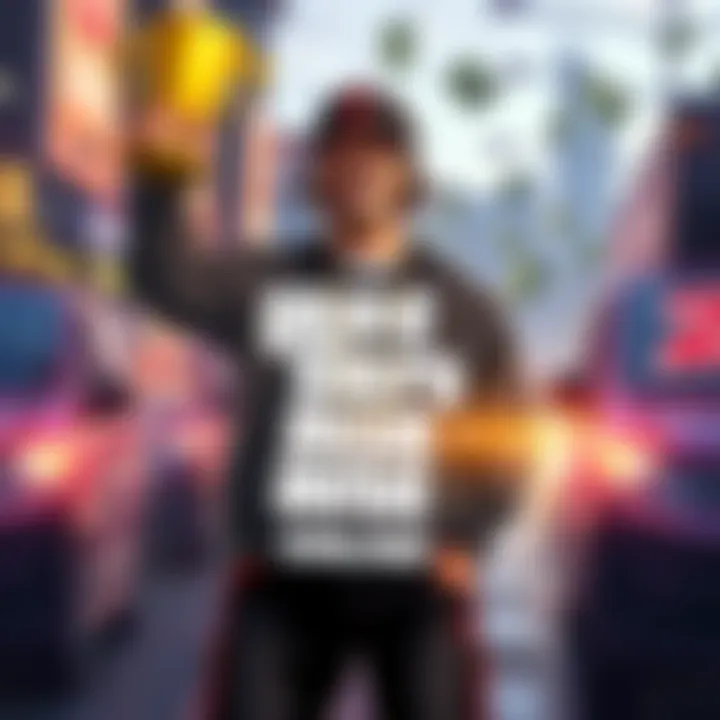 GTA Online Player Reaching Level 100 A player character in GTA Online celebrating reaching level 100 with a trophy in hand, surrounded by pizza delivery vehicles and money icons