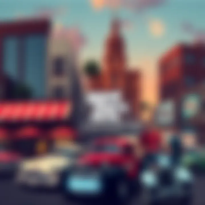 A collage of Gta San Andreas showcasing elements from different historical eras like the 1960s, 1980s, and modern times with iconic vehicles and buildings.