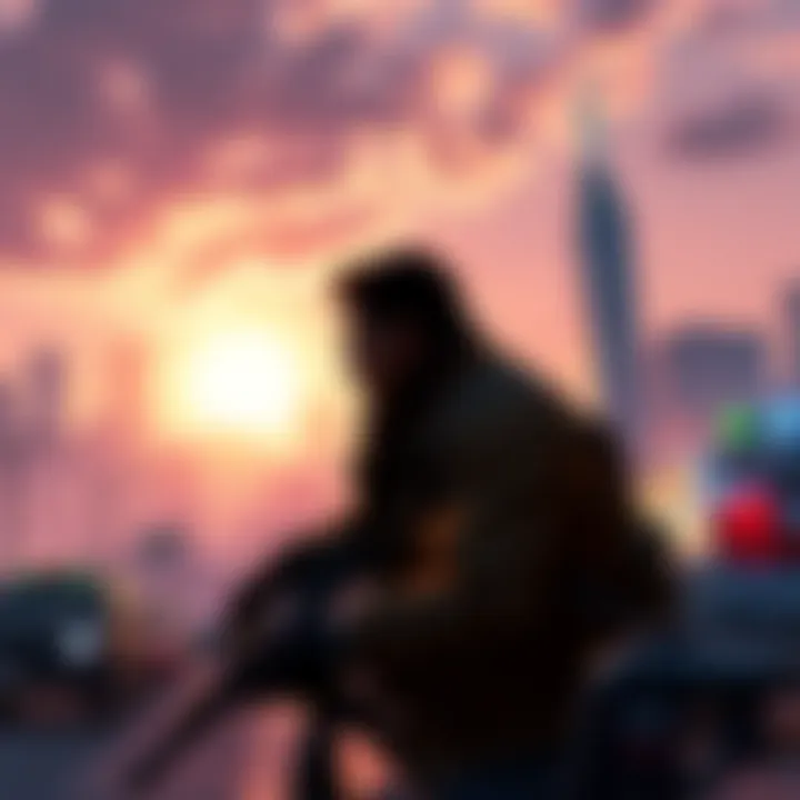 A player character in GTA V Online engaging in a mission, surrounded by city skyline and vehicles.