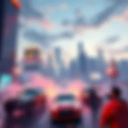 A vibrant city skyline with cars and gamers excited about the upcoming GTA VI release in 2026.