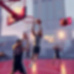Basketball mini-game in GTA VI Gameplay scene showing a basketball mini-game featuring characters dribbling and shooting hoops