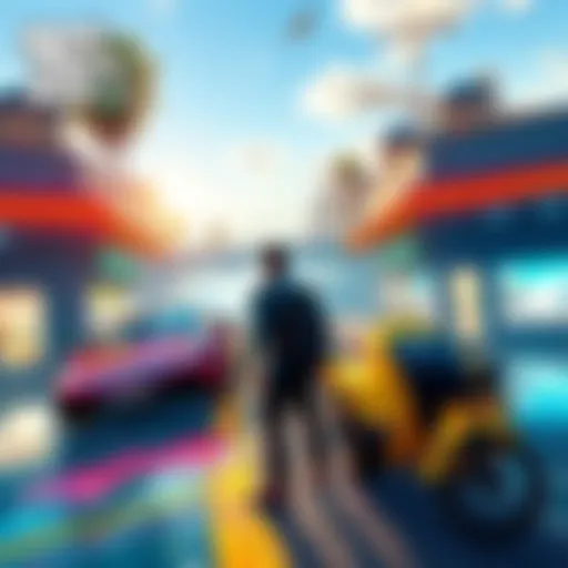A scene showcasing dual protagonists exploring the open world with cars, underwater areas, and shops in GTA VI