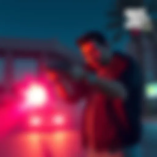 A character in GTA VI uses a taser at night, with dramatic lighting and slow-motion effects showcasing action and graphics.