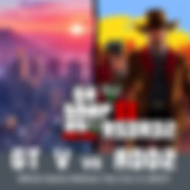 A split image showing a bustling cityscape from GTA V on one side and a rugged Wild West scene from RDR2 on the other, representing both games' unique styles