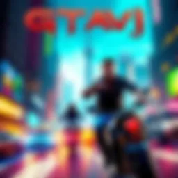 Cover art for GTAVI showing vibrant cityscape with characters in action
