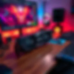 A close-up view of a GTX 1080ti graphics card on a wooden desk with gaming accessories and a monitor in the background.