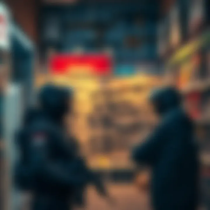Defeated guard at weapon shop, with weapon rack in background, players attempting to acquire a gun