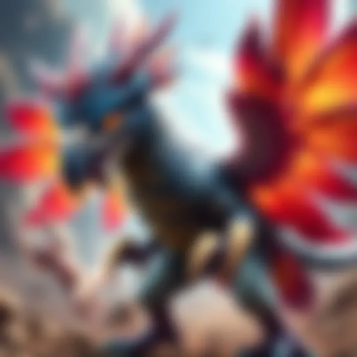 A fierce Guardian Great Maccoa with vibrant feathers and sharp claws, engaged in a battle stance in a vibrant Monster Hunter setting.