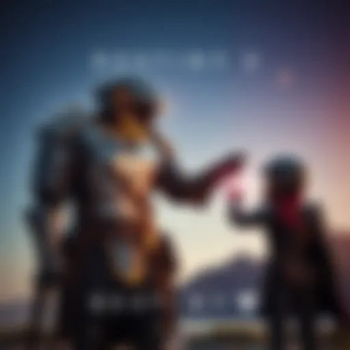 Guardian mentoring new Lightbearer A seasoned Guardian in armor guiding a new Lightbearer, set against a futuristic Destiny landscape