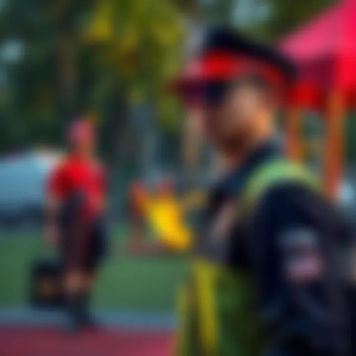 A guardian stands watch at a playground, ensuring children's safety while managing daily tasks.