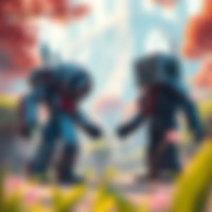 A colorful scene showing guardian robots from Breath of the Wild and Minecraft interacting in a playful environment.