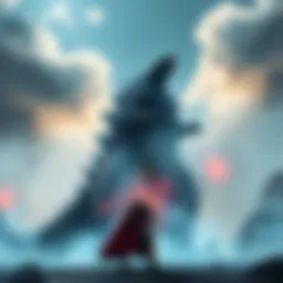 A guardian figure stands bravely in front of a towering Godzilla, ready for battle.