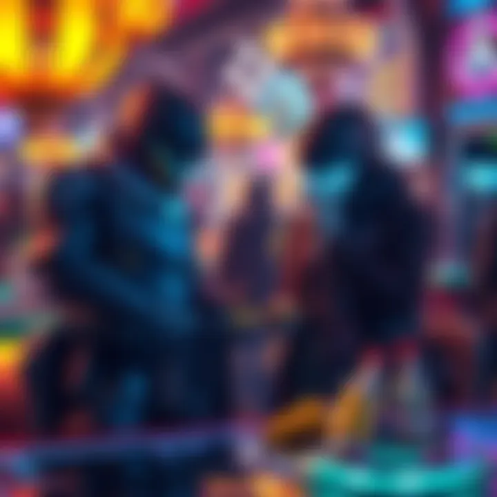 Two Guardians in a bustling bar counting Glimmer coins while chatting with friends