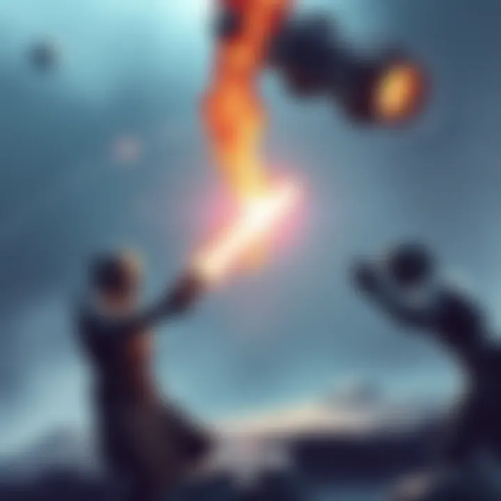 An illustration showing Guardians in a sci-fi setting with an EMP blast and a large destructive weapon, contrasting their powers