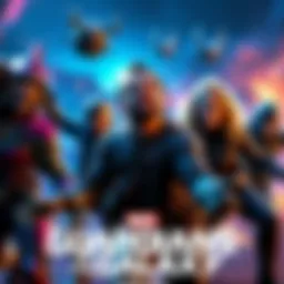Characters from Marvel's Guardians of the Galaxy in action, showcasing humor and excitement in a vibrant environment.