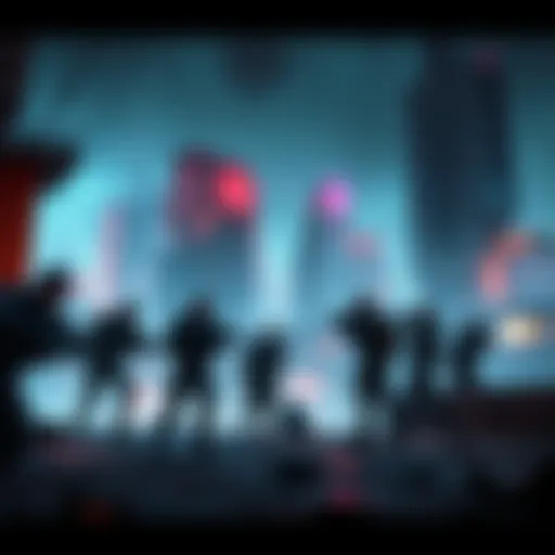 A team of guerrilla fighters strategizing in a futuristic cityscape, planning their next mission against a powerful enemy