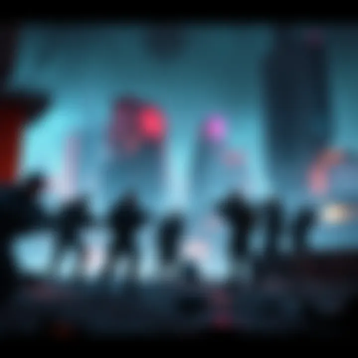 Guerrilla forces in sci-fi setting A team of guerrilla fighters strategizing in a futuristic cityscape, planning their next mission against a powerful enemy