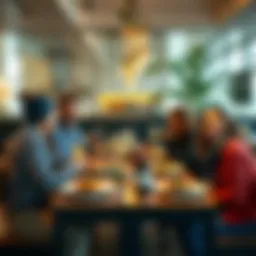 A group of friends discussing their food preferences while sitting at a dining table with various dishes and drinks