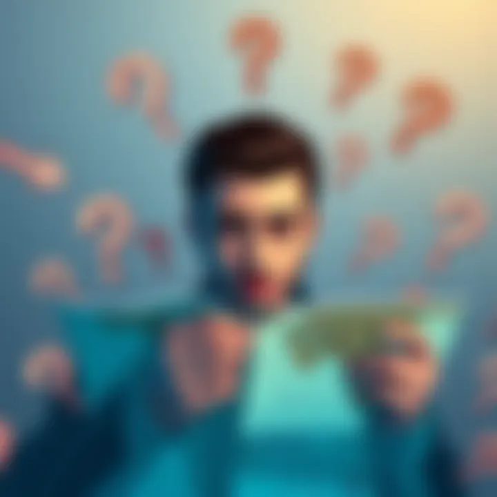 Guide for Clueless Bajs A person looking at a map with a confused expression, surrounded by question marks and arrows pointing in different directions, symbolizing confusion and seeking guidance.