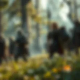 A group of guild members gear up with weapons and armor, ready to embark on a monster hunting adventure in a forest setting.