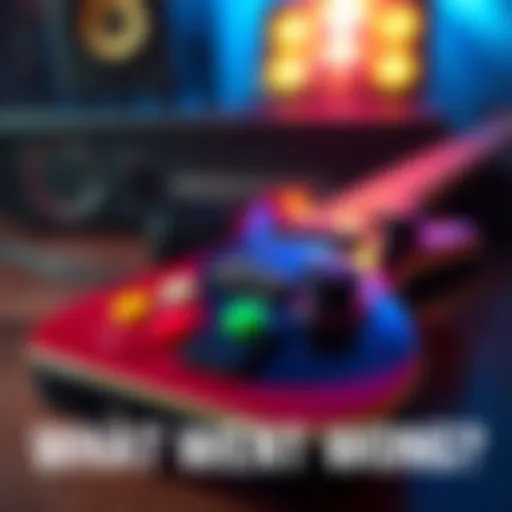 A close-up of a Guitar Hero game controller with colorful buttons, resting on a table with a game console in the background.