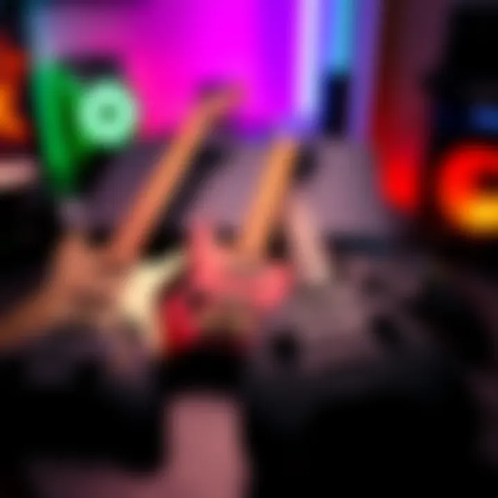 Different Guitar Hero controllers, including Xbox One guitars, on a table, with an Xbox Series X console in the background.