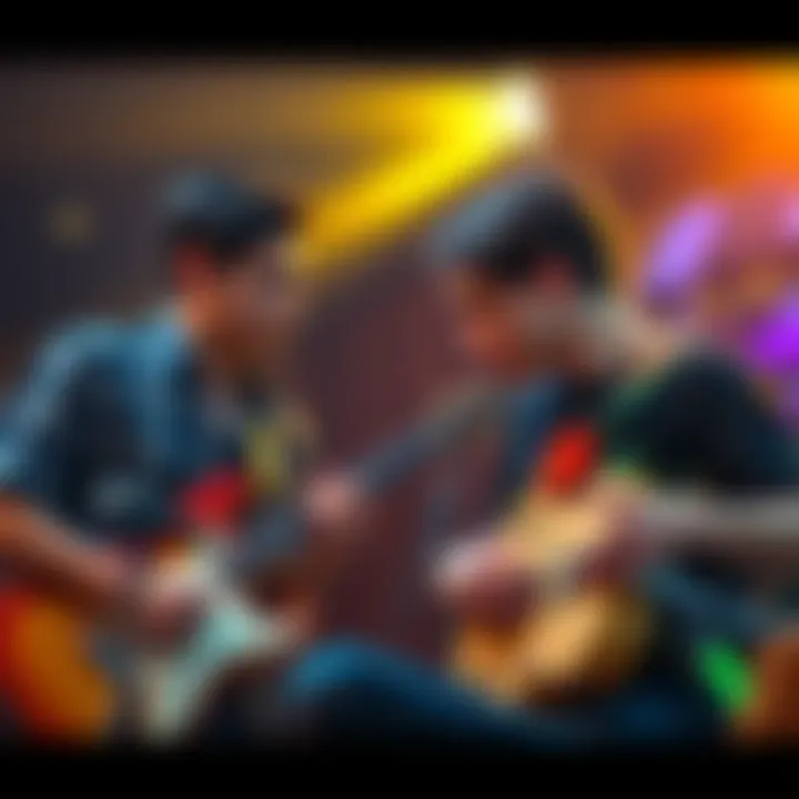 Two friends arguing over a guitar during a jam session, one looking frustrated and the other defensive, with guitars in hand.