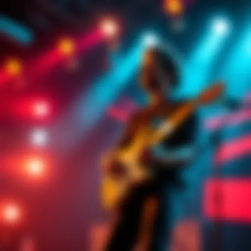 A musician performing on stage with a guitar, light shining on them, creating an exciting atmosphere for the project's launch.