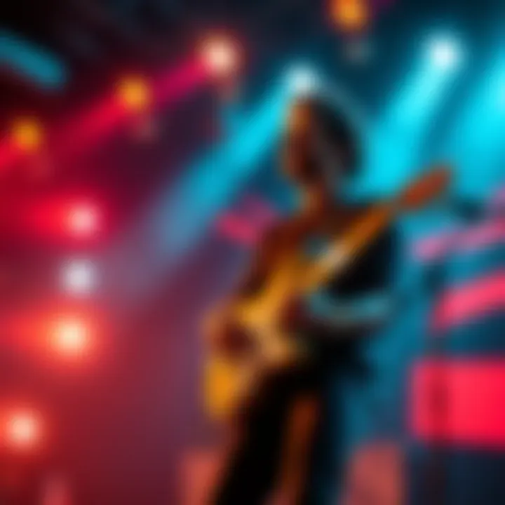 A musician performing on stage with a guitar, light shining on them, creating an exciting atmosphere for the project's launch.