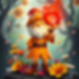 Gum Gum, a cheerful flower wizard, stands confidently with colorful flowers around him while holding the glowing Red Ring of Rage, a symbol of power and danger.