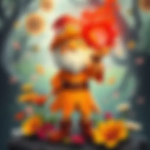 Gum Gum, a cheerful flower wizard, stands confidently with colorful flowers around him while holding the glowing Red Ring of Rage, a symbol of power and danger.