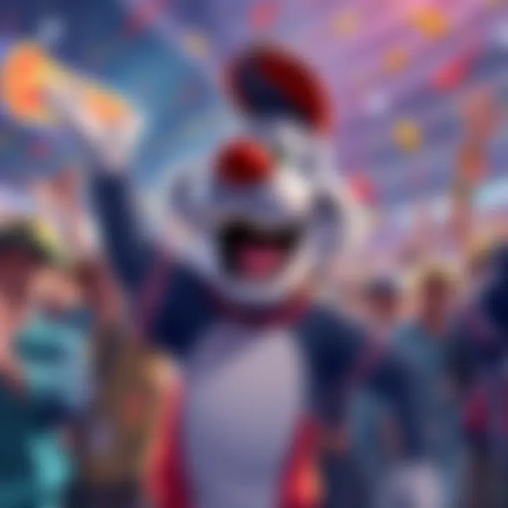 A colorful illustration of Gumpy with fans cheering and celebrating his return.