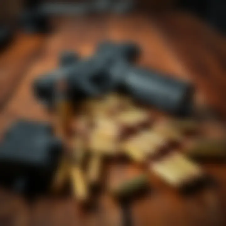 Gun and bullets on a table A close-up view of a gun and ammunition on a wooden table, highlighting the topic of gun performance and wear rates.