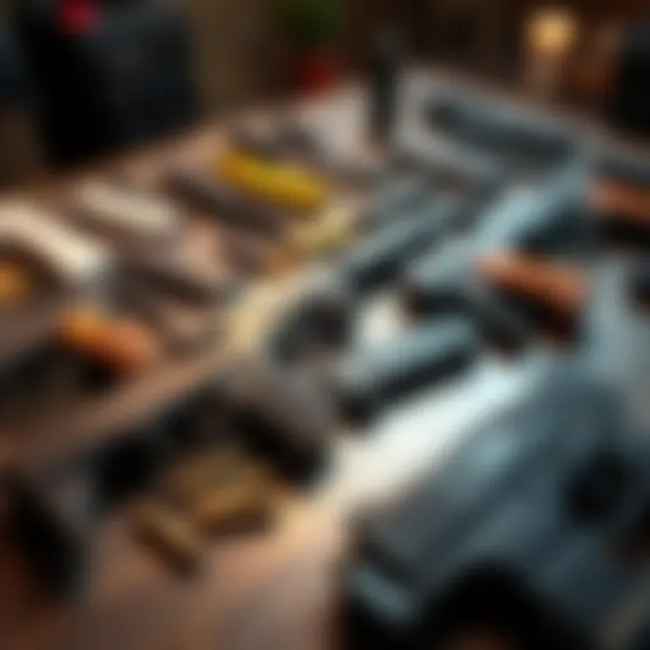 A tabletop displaying various gun parts including customized grips, different types of ammunition, and diverse magazine designs for players to consider