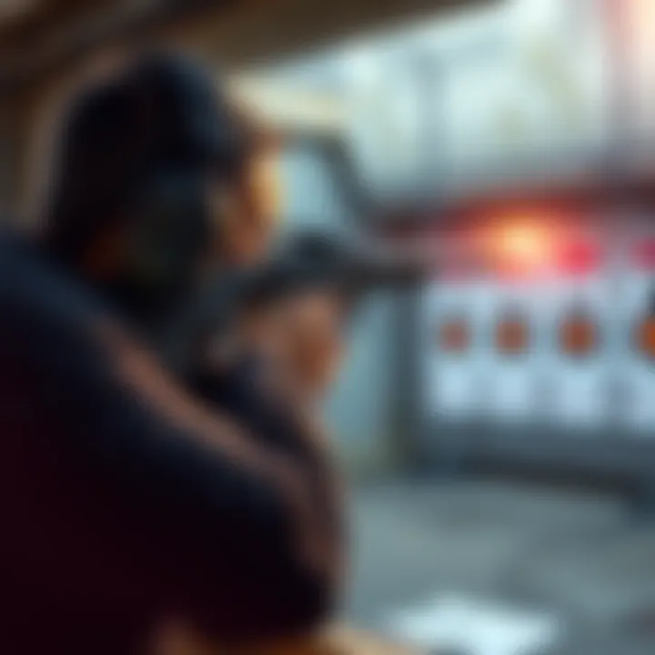 Gun in action A shooter aiming with a popular slower-performing gun at a shooting range, surrounded by targets.