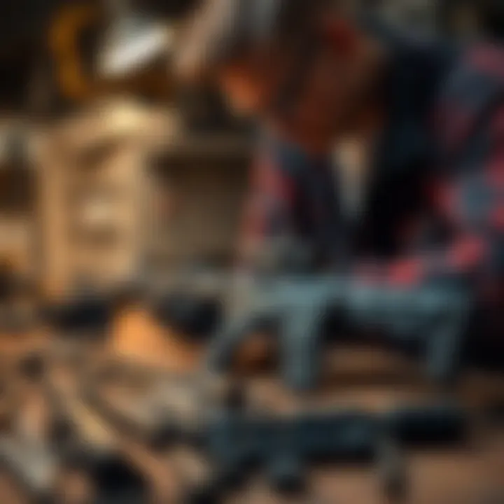 A person analyzing the parts of a firearm on a table, focusing on the mechanics and design.