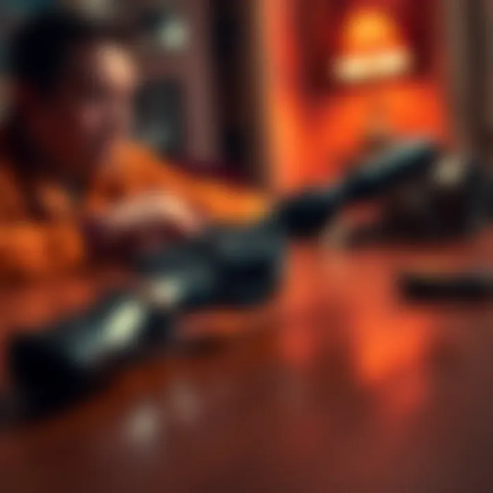 A close-up view of a gun on a table, with a person looking on in confusion, questioning the gun's movements.