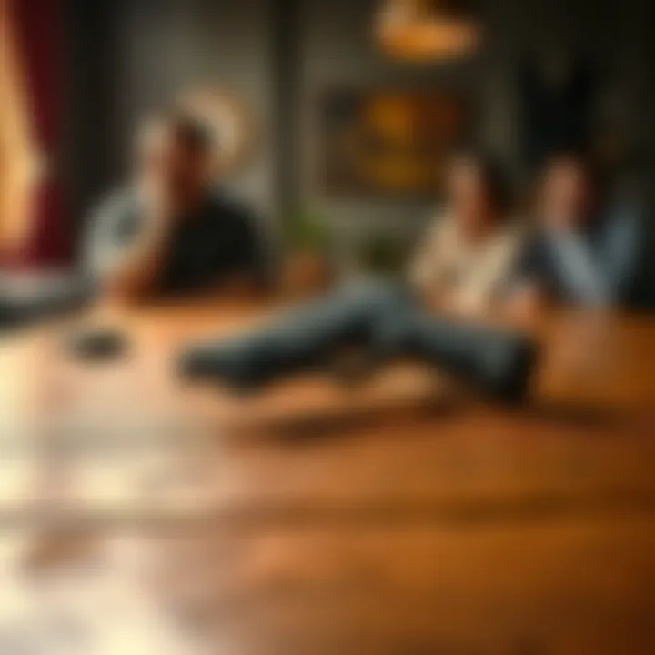 Gun on Table A handgun resting on a wooden table with concerned people discussing in the background