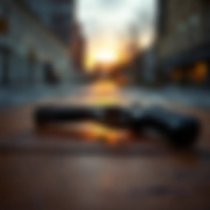 A close-up of a handgun laying on a wooden table with a blurred background of an empty street, highlighting the impact of gun violence.