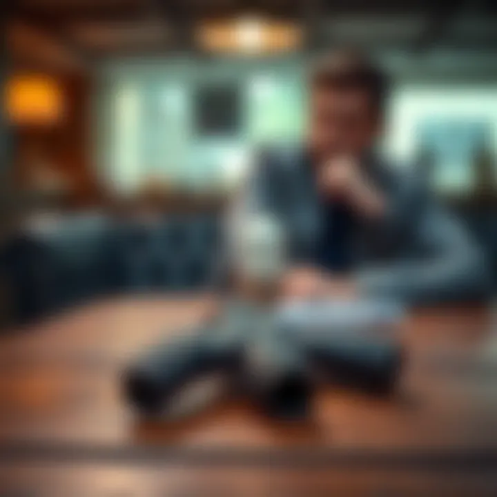 A handgun resting on a wooden table with a thoughtful person in the background considering their options.