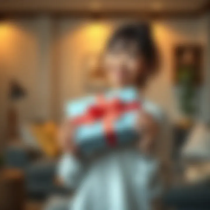 A person smiles while holding a unique Gundam-themed gift, expressing joy and appreciation. The background features a cozy living room setting.
