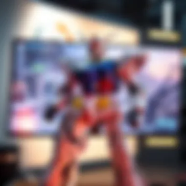 A Gundam model displayed alongside a screen showing Overwatch gameplay featuring exclusive Gundam skins