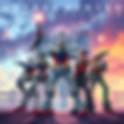 Gundam robot and Street Fighter characters posing in an action scene, showcasing a vibrant collaboration, energetic poses, and colorful backgrounds.