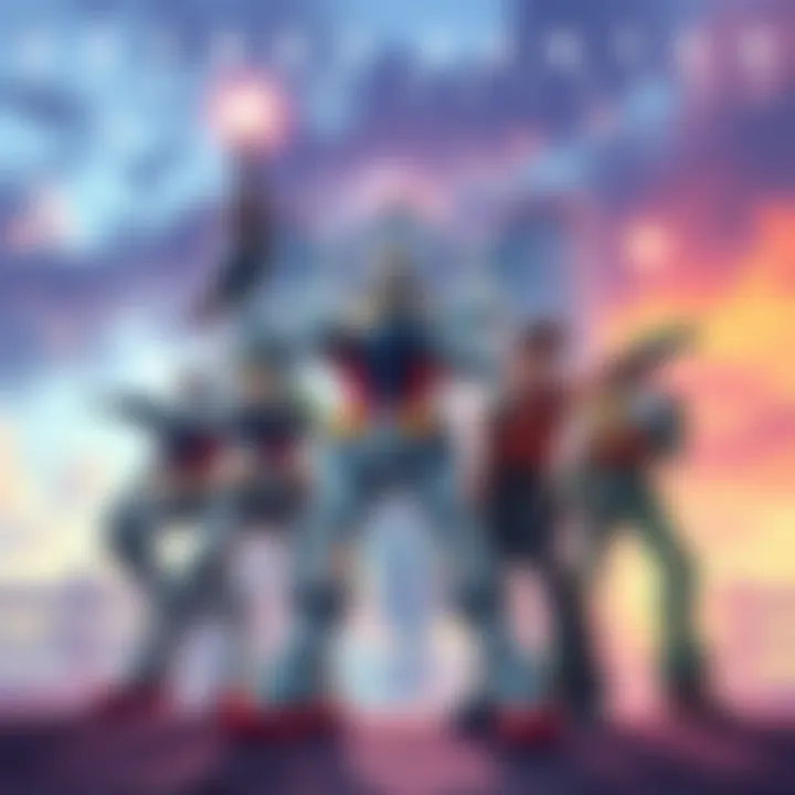 Gundam robot and Street Fighter characters posing in an action scene, showcasing a vibrant collaboration, energetic poses, and colorful backgrounds.