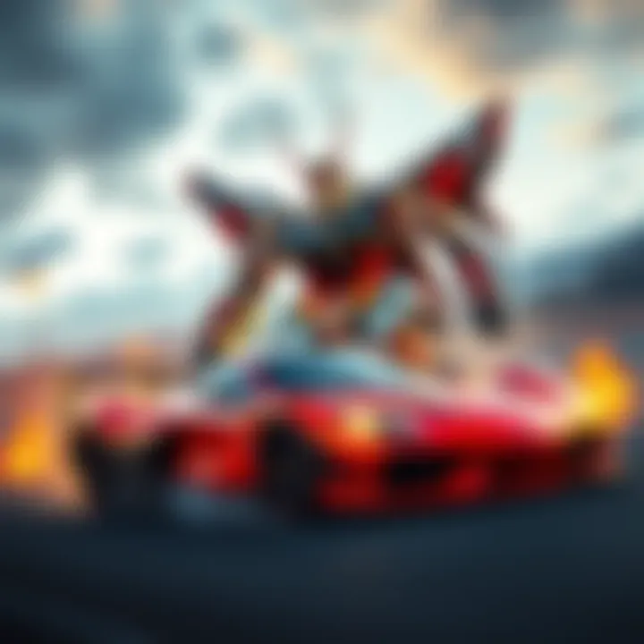 A thrilling scene of a giant Gundam facing off against a sleek race car in a dynamic racing environment.