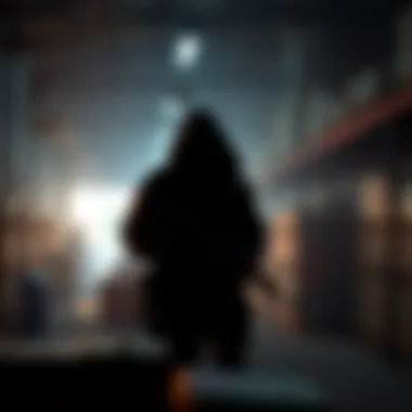 A shadowy figure handling firearms in a dimly lit warehouse, symbolizing the rise in gunrunning activities in 2026.