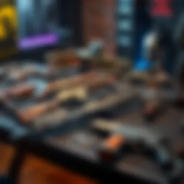 A variety of firearms featuring the Kindled Orchid and Deadhorse 04 among new enhancements on a display table