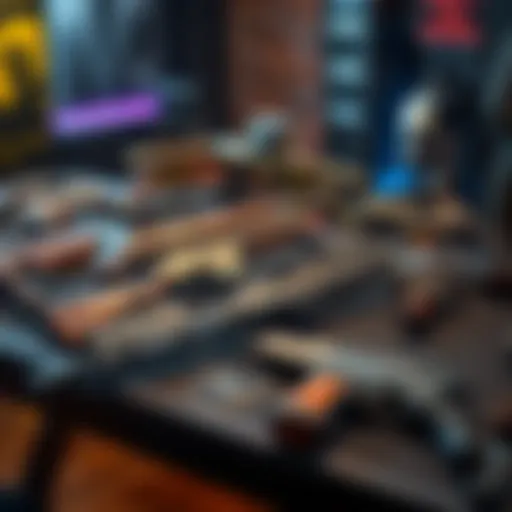 A variety of firearms featuring the Kindled Orchid and Deadhorse 04 among new enhancements on a display table
